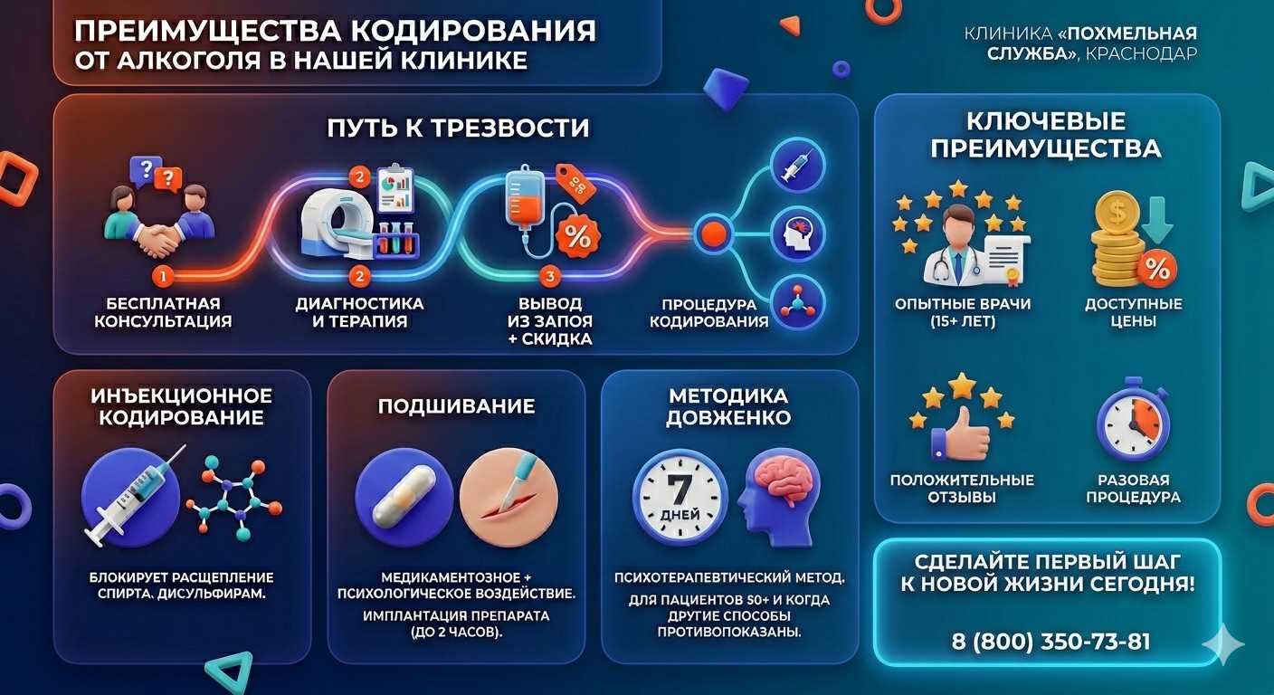 Инфографика о методах кодирования от алкоголя в Апатитах: инъекции, подшивание, метод Довженко. Преимущества клиники и этапы лечения.